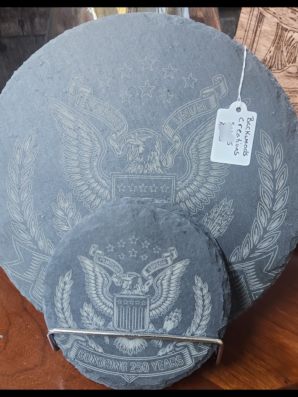 Slate Coaster Set with Eagle Crest — Gray